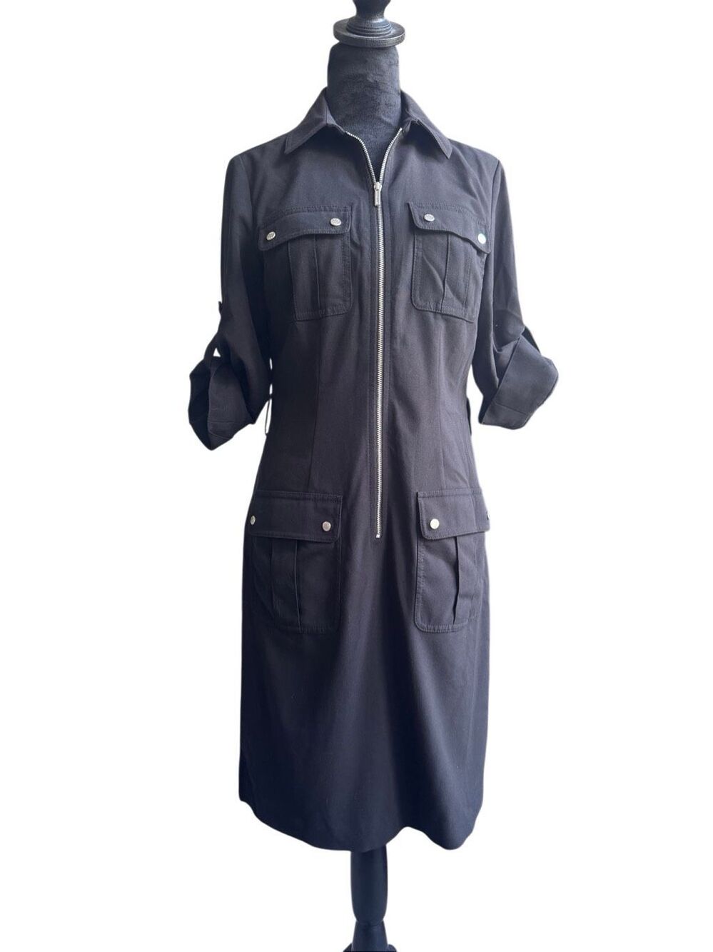 Michael Kors Black Utility Shirt Dress Zip Front Roll Tab Sleeves Size Small